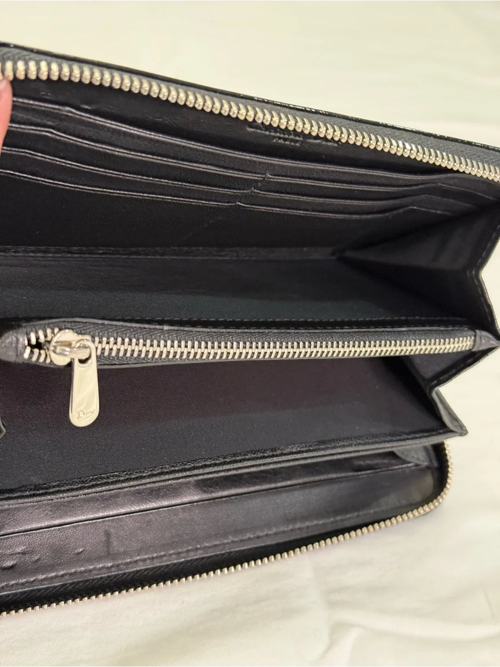 Dior Black Patent Embossed Zip Wallet